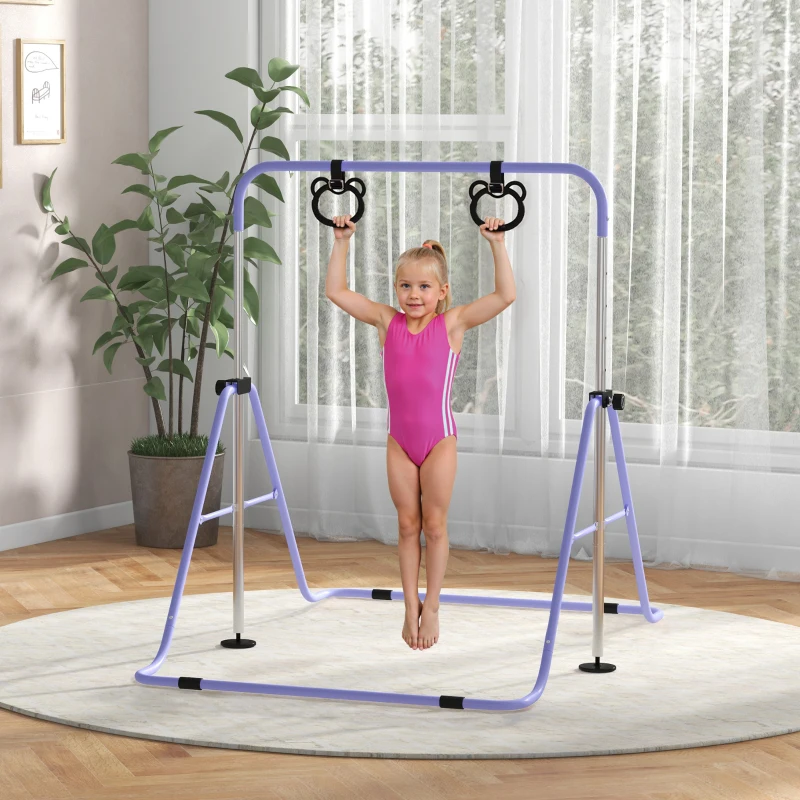 HOMCOM Barre de gymnastique pour enfants, barre horizontale pliable à hauteur réglable avec anneaux de gymnastique, violet