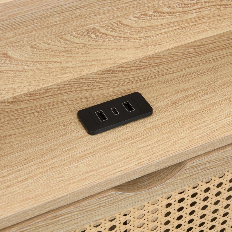 4ft6 Wooden Double Bed with LED Strip Light and Headboard Storage, Storage Bed with Charging Port, 208L x 137.5W x 104.5H cm, Natural+Black