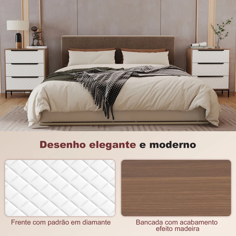 HOMCOM Cómoda com 3 Gavetas de Tecido Frentes com Padrão de Diamante Móvel de Arrumação 59,5x30x73,5 cm Madeira e Branco