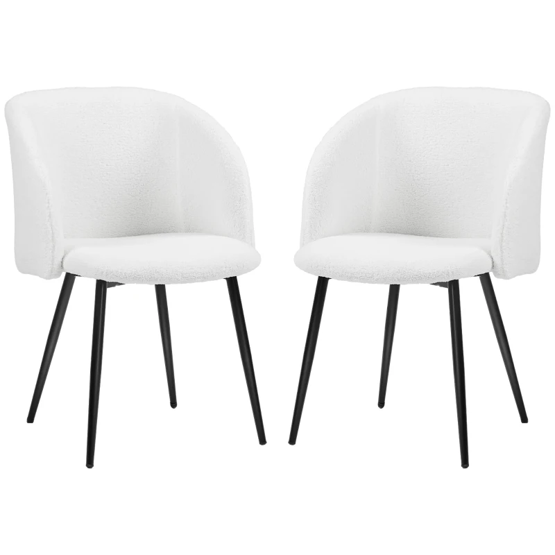 HOMCOM Conjunto de 2 Cadeiras de Sala de Jantar com Encosto em Tecido Efeito Lã Bouclê Pernas em Aço 55x62x80 cm Branco Preto