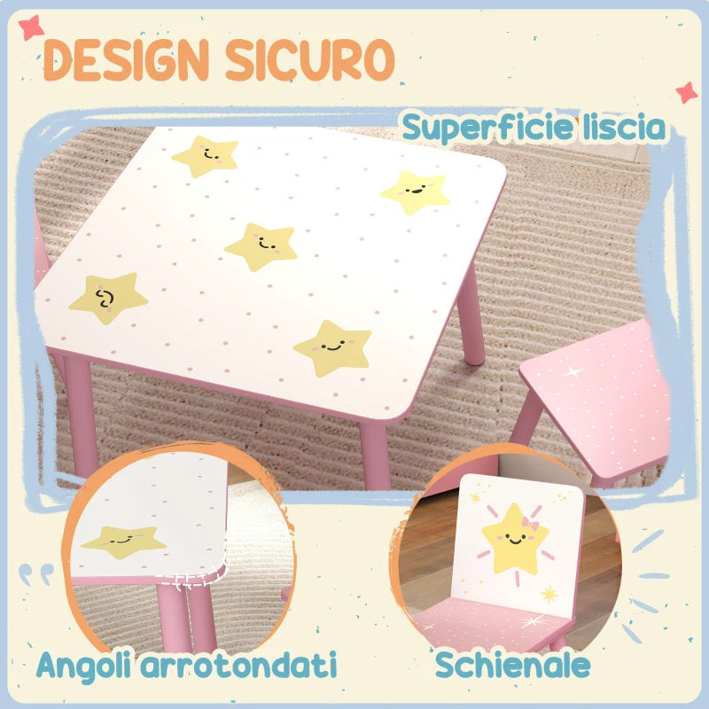 AIYAPLAY Set Arredo Cameretta con Tavolo e 2 Sedie per Bambini da 3-8 Anni con Fantasia a Stelle, Rosa