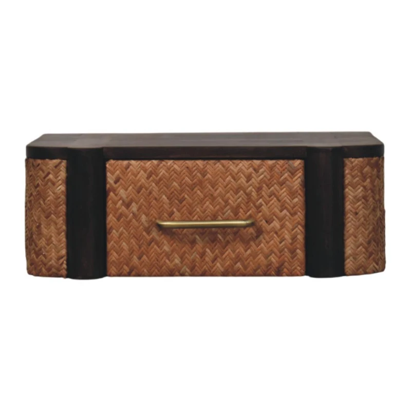 Handcrafted Solid Wood Wall-Mounted Bedside Drawer with Spacious Drawer, Bedside Table with Bronze Metal Accent, 32L x 50W x 18H cm, Brown