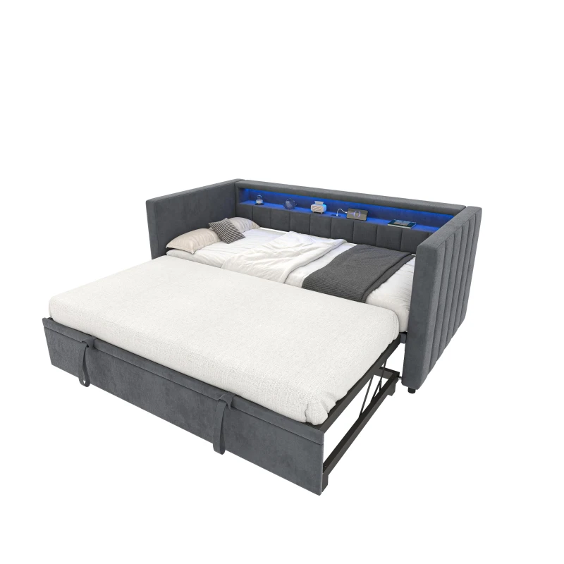 Space-Saving Pull-Out Double Bed with USB Type-C Charging and LED Lighting, Sleeper Sofa with Sturdy Wood, 201L x 100W x 73H cm, Dark Gray