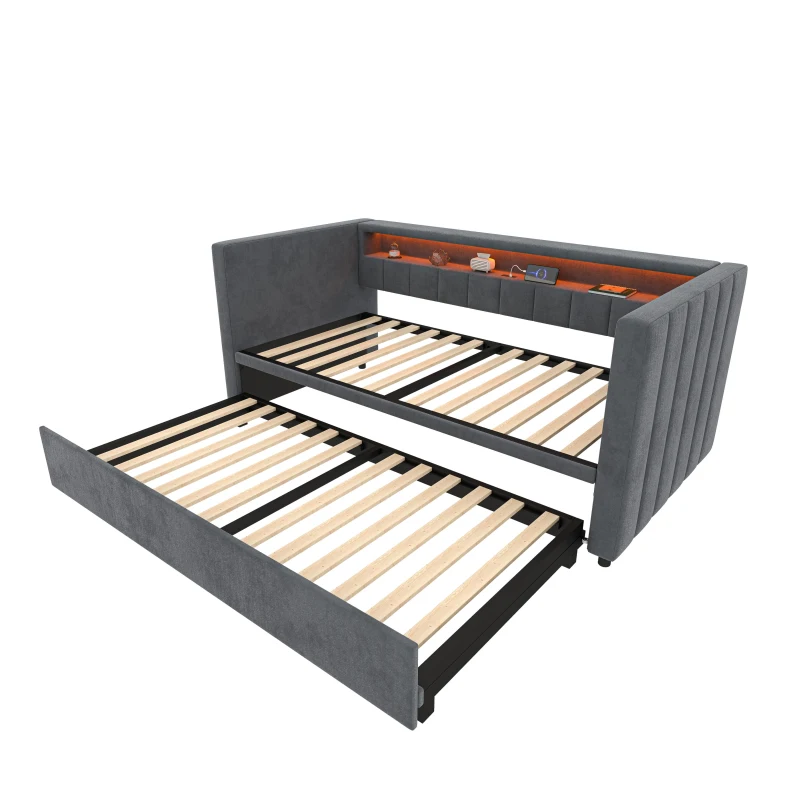 Space-Saving Pull-Out Double Bed with USB Type-C Charging and LED Lighting, Sleeper Sofa with Sturdy Wood, 201L x 100W x 73H cm, Dark Gray