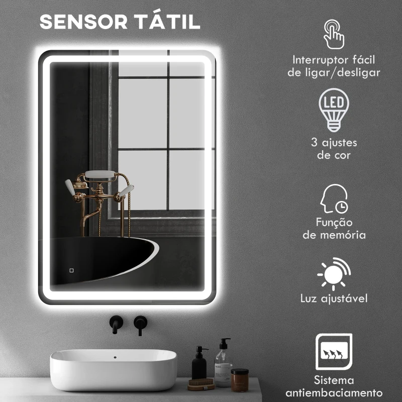 HOMCOM Espelho Casa de Banho com Luzes LED 70x100 cm Função Antiembaciamento 3 Temperaturas de Cor Ajustável e Função de Memória Prata
