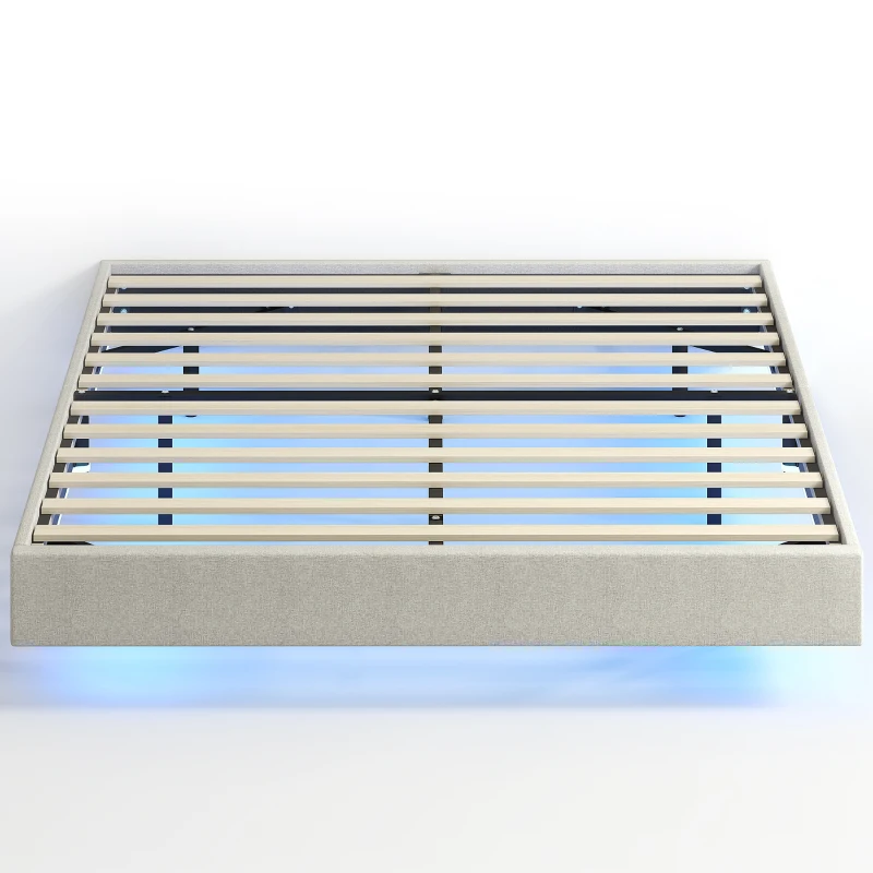 HOMCOM Estrutura de Cama Flutuante 140x190 cm com Iluminação Led Cama de Casal Estofada em Linho Estrado de Ripas em Madeira Bege