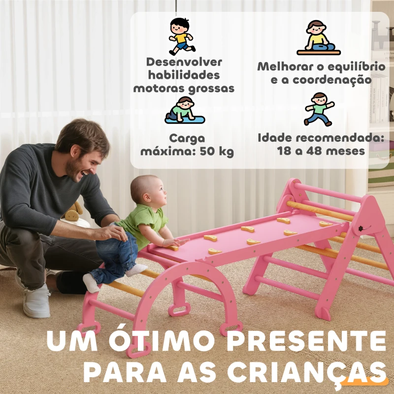 AIYAPLAY Triângulo de Escalada 7 em 1 com Arco e Rampa Escalada para Crianças de Madeira Dobrável para 18-48 Meses 188x70 cm Rosa