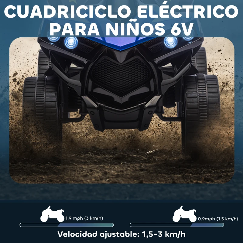 AIYAPLAY Quad Eléctrico para Niños 6 V Quad para Niños de 37 a 72 Meses Velocidad hasta 3 km/h Faros y Música 70x42x45 cm Azul