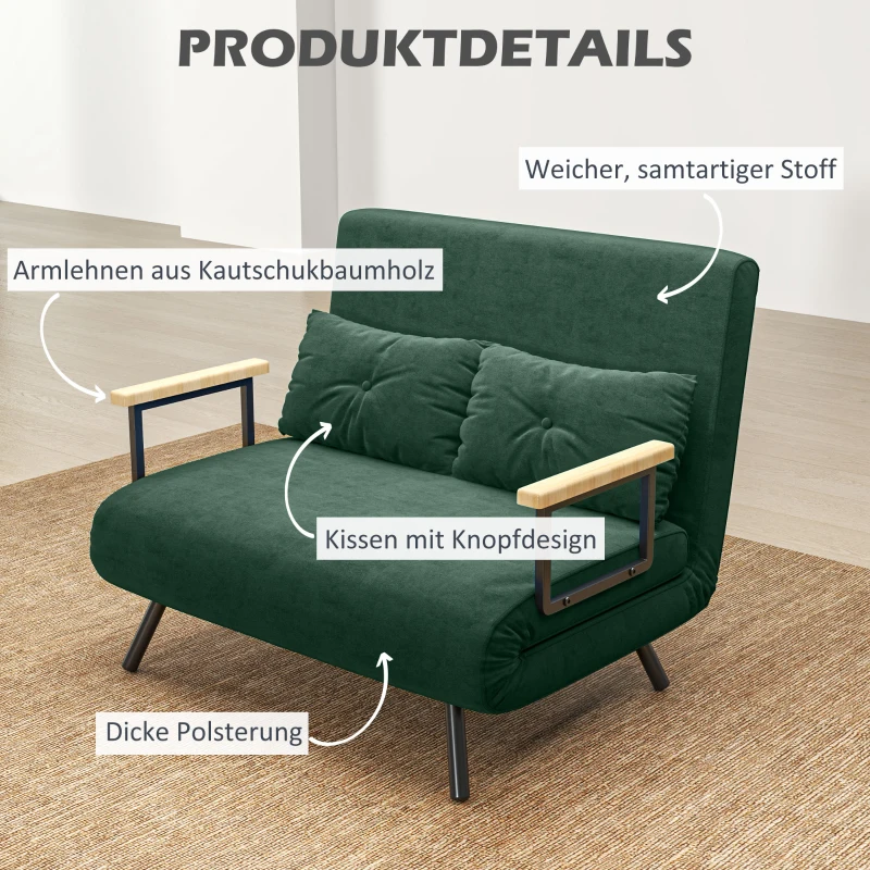 HOMCOM Slaapbank 2-zits Fluwelen sofa, slaapfunctie, incl. 2 kussens, fluweel-look, Naturel + Groen