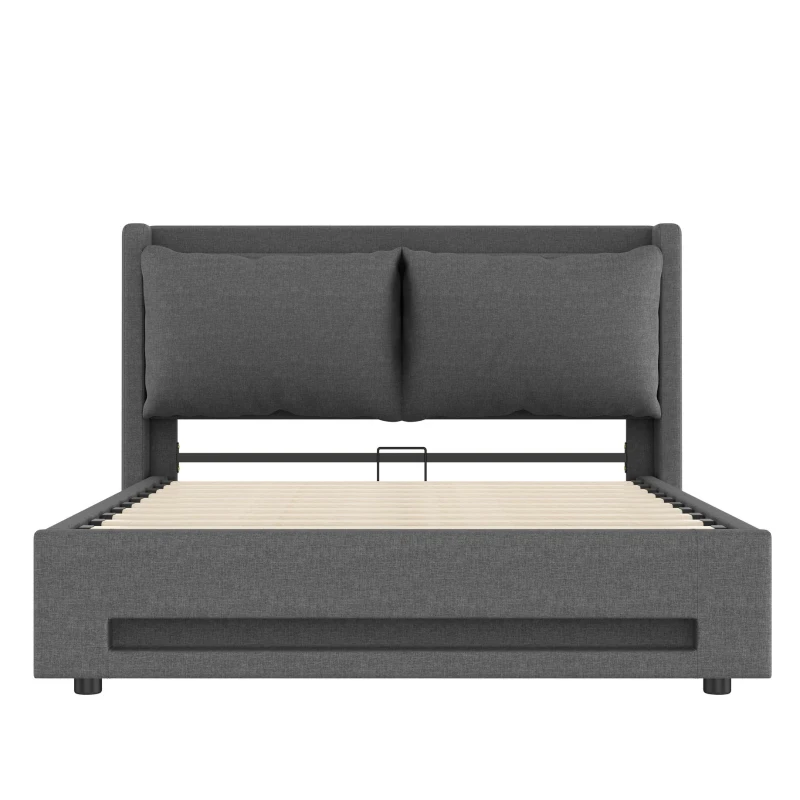 Modern Upholstered Bed with Headboard Shelf and Dual USB‑C Ports, Double Bed with LED Lighting, 142.5L x 200W x 114H cm, Dark Gray