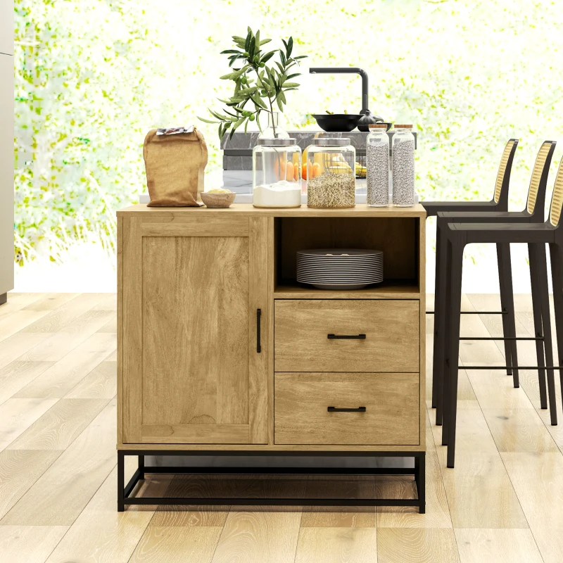 HOMCOM Aparador de Arrumação para Sala com 2 Gavetas Compartimento Aberto e Prateleira Ajustável 80x40x78 cm Natural