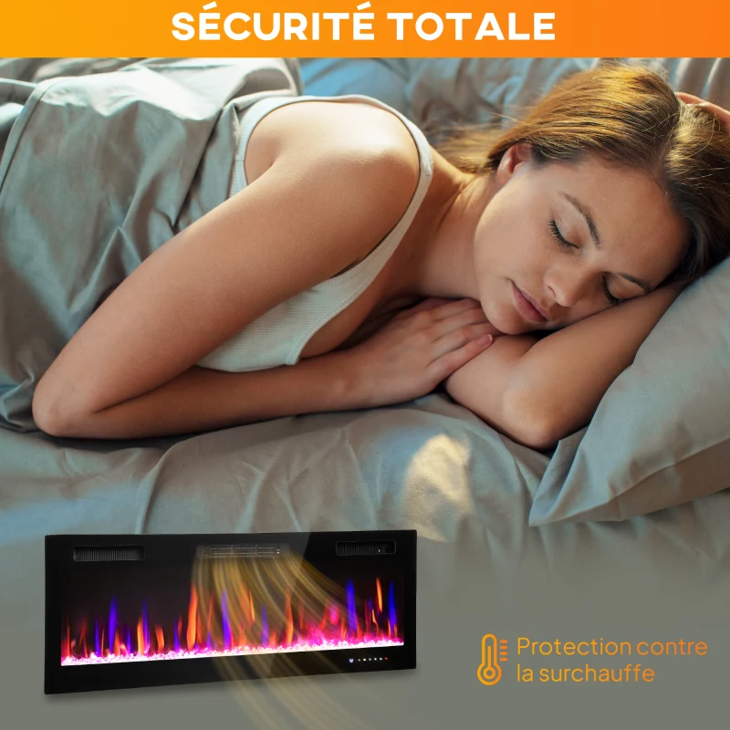 HOMCOM Cheminée électrique mural ou encastrable 900W/1800W, effet flamme à 12 couleurs 5 luminosités, 127 x 9,4 x 47 cm, noir