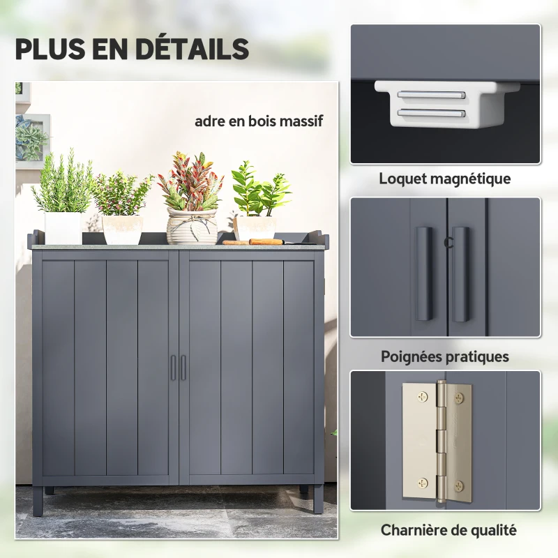 Outsunny Armoire de rangement de jardin sur pied, table de rempotage 2 en 1 double porte, étagère, plateau métal galvanisé - gris