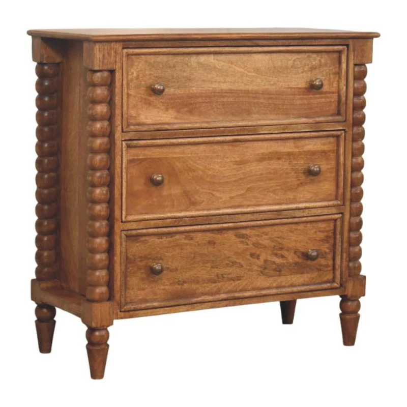 Solid Mango Wood Spindle Chest with 3 Drawers and Turned Spindle Legs, Bedside Cabinet with Ample Storage, 35L x 80W x 80H cm, Brown