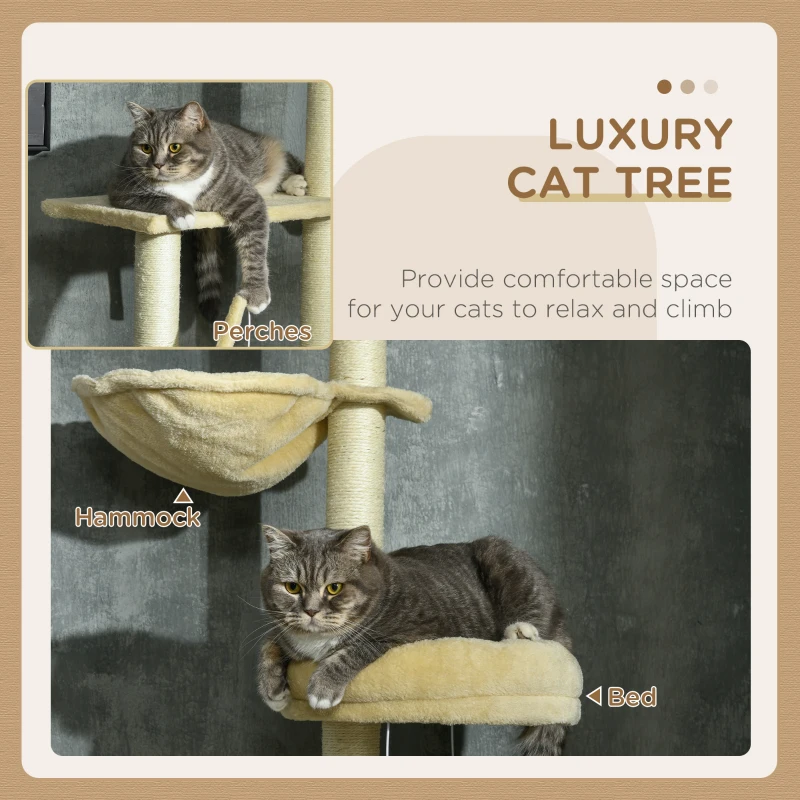 PawHut 230-250cm Floor-to-Ceiling Climbing Cat Tree Tower - Beige
