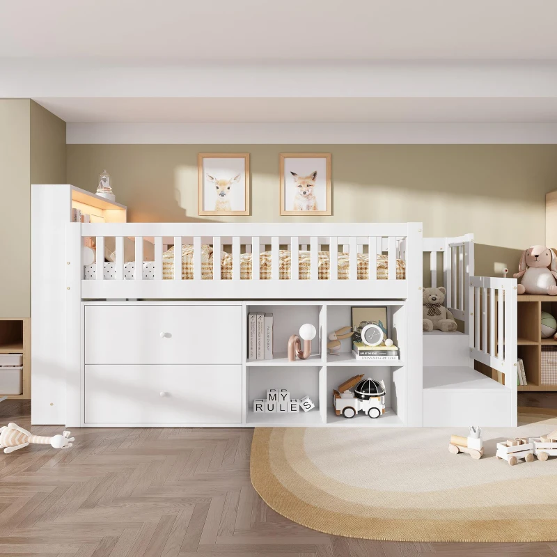 3ft Single Wooden Storage Bed with Headboard Storage and Colourful LED Strips, Single Bed with 2 Drawers, 262L x 95W x 120H cm, White