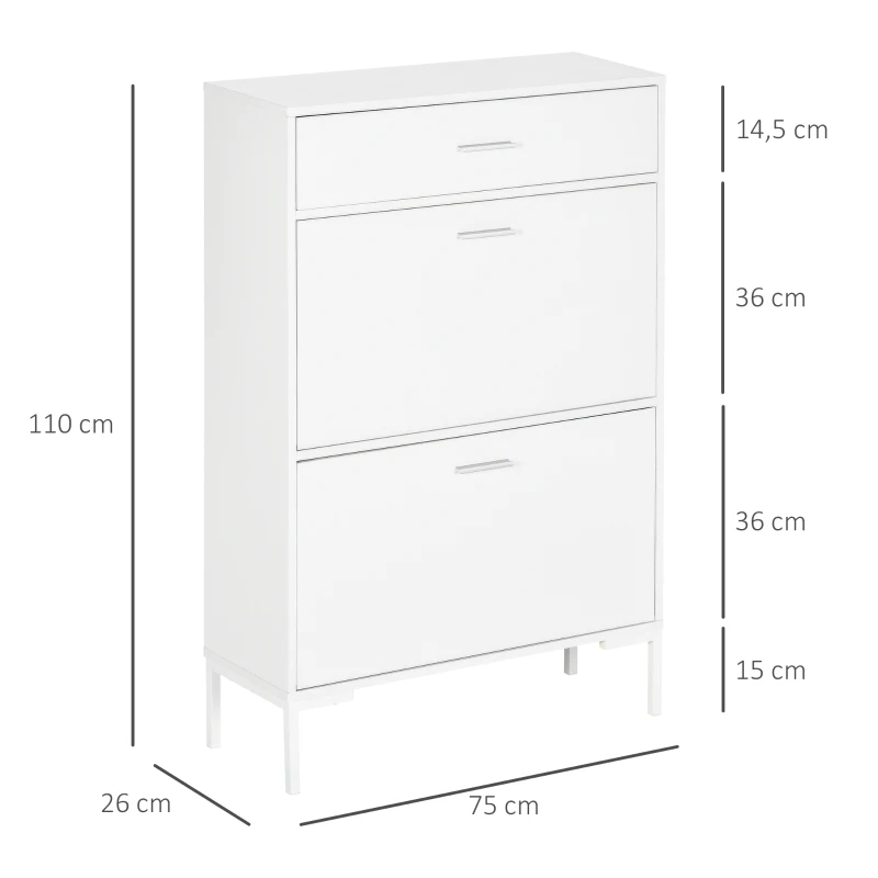 HOMCOM Móvel para 12 Pares de Sapatos Armário Estreito 2 Gavetas Basculantes e 1 Gaveta 75x26x110 cm Branco