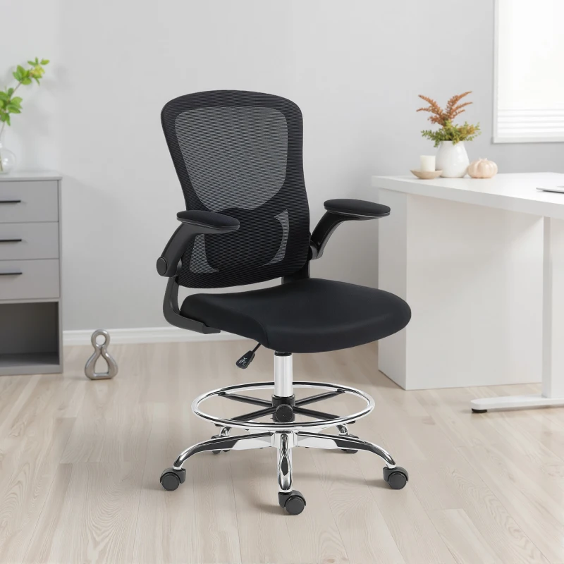 HOMCOM Cadeira de Escritório Ergonômica Cadeira de Desenho Suporte Lombar 4D Apoios de Braço Eleváveis 60x60x108-132 cm Preto