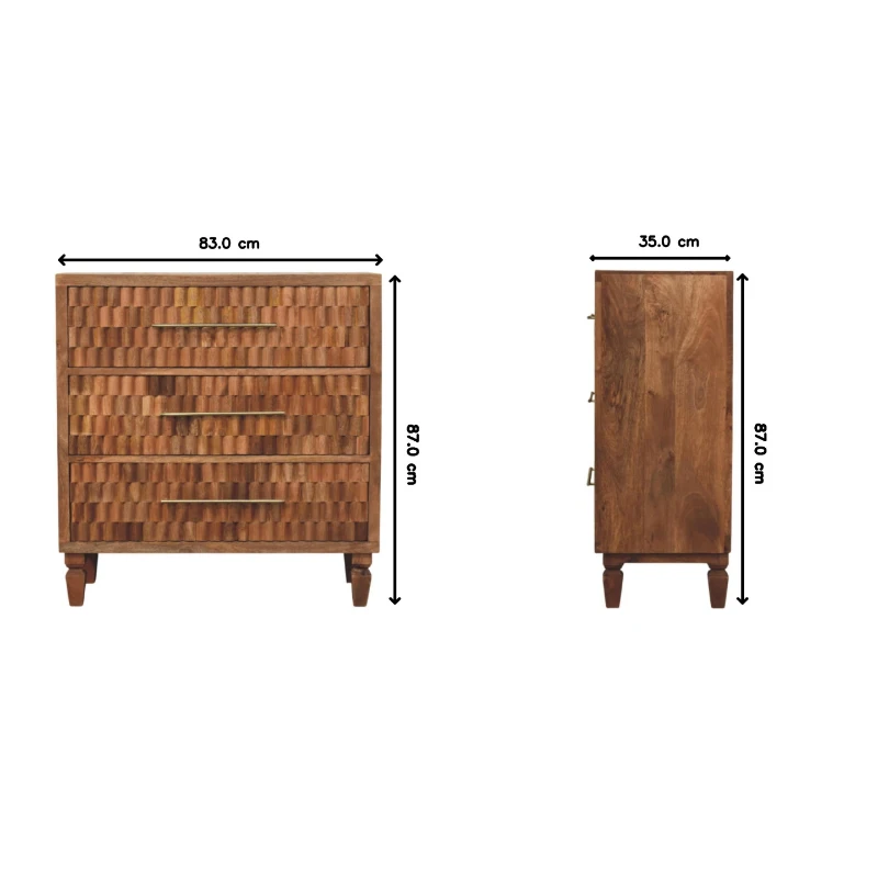 Solid Wood Bedside Cabinet with Eco-friendly Mango Wood, Bedside Table with 3 Drawers for Generous Storage, 35L x 83W x 87H cm, Brown