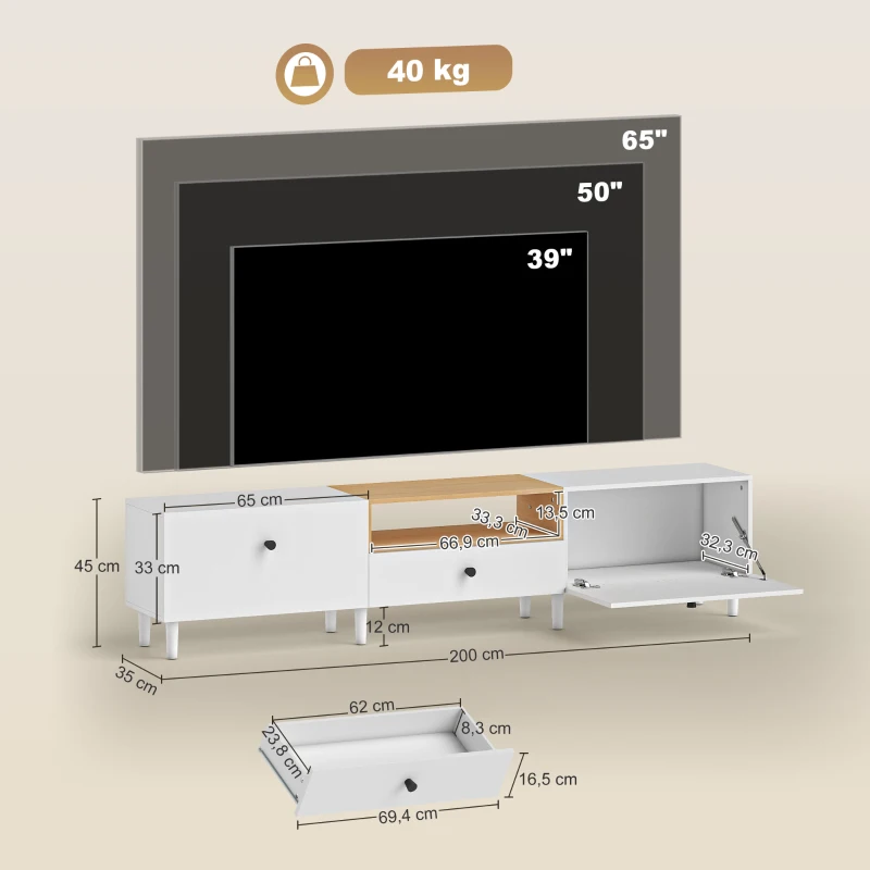HOMCOM Móvel para Tv Móvel para Televisão Até 90" com 2 Portas Basculantes Gaveta 200x35x45 cm Branco