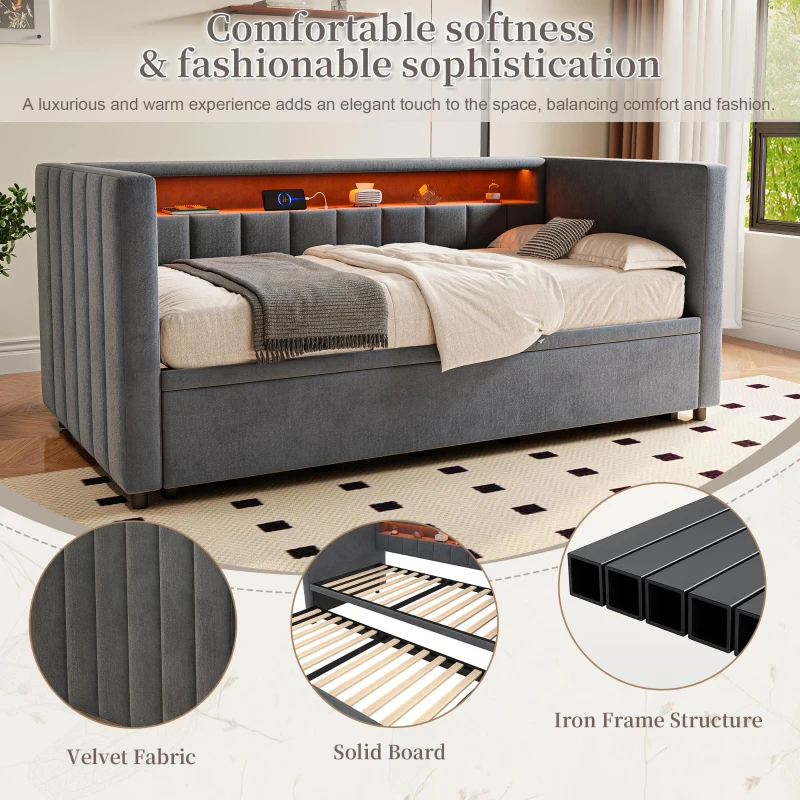 Space-Saving Pull-Out Double Bed with USB Type-C Charging and LED Lighting, Sleeper Sofa with Sturdy Wood, 201L x 100W x 73H cm, Dark Gray