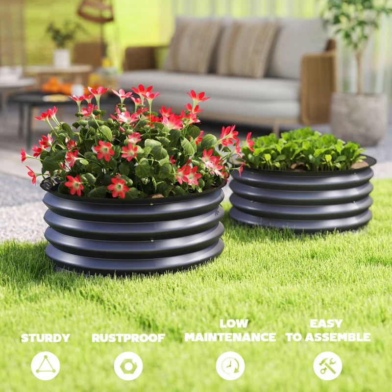 Outsunny Set of 2 Raised Garden Bed, Metal Planter Box with Safety Edging, Easy-to-assemble Stock Tank, Dark Grey