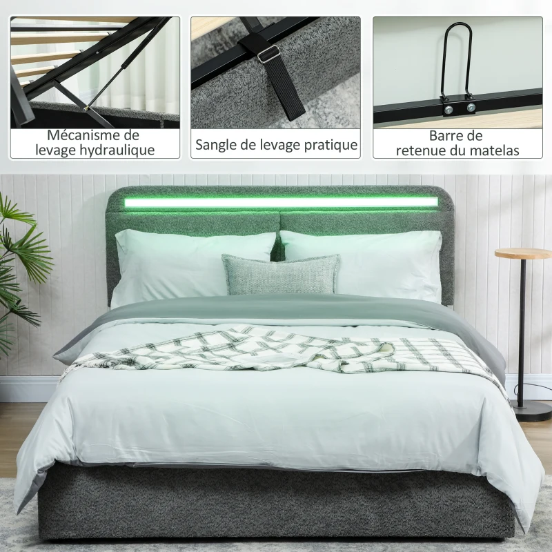 HOMCOM Lit coffre 140 x 190 cm avec éclairage LED, tête de lit réglable, cadre de lit double, sommier à lattes en bois, gris