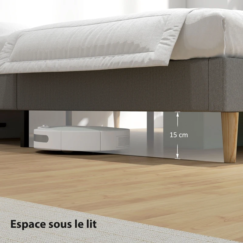 HOMCOM Cadre de lit 140 x 190 cm avec sommier à lattes en bois, lit double rembourré en velours côtelé, gris