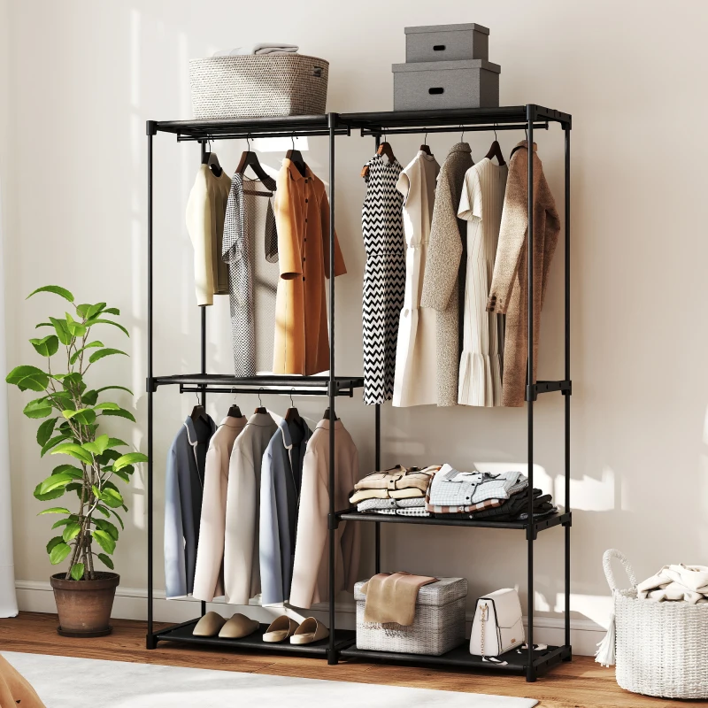 HOMCOM Armoire de rangement, penderie portable avec 3 barres de suspension et 4 étagères, 142 x 43 x 185 cm, noir