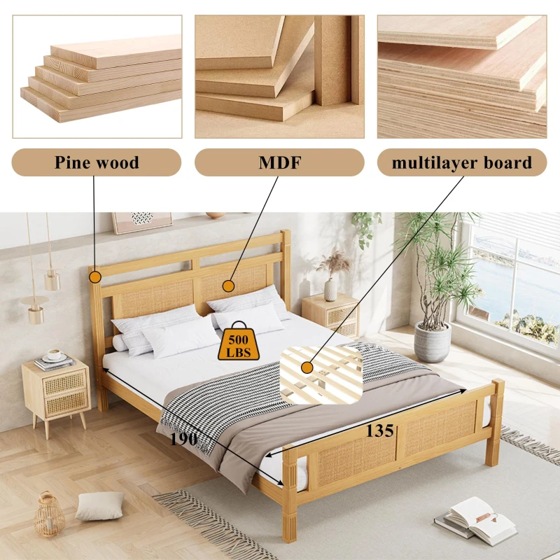 4ft6 Double Bed with Natural Timber Finish and MDF Back Panel, Upholstered Bed with Sturdy Plywood Slats, 199L x 142W x 98H cm, Natural