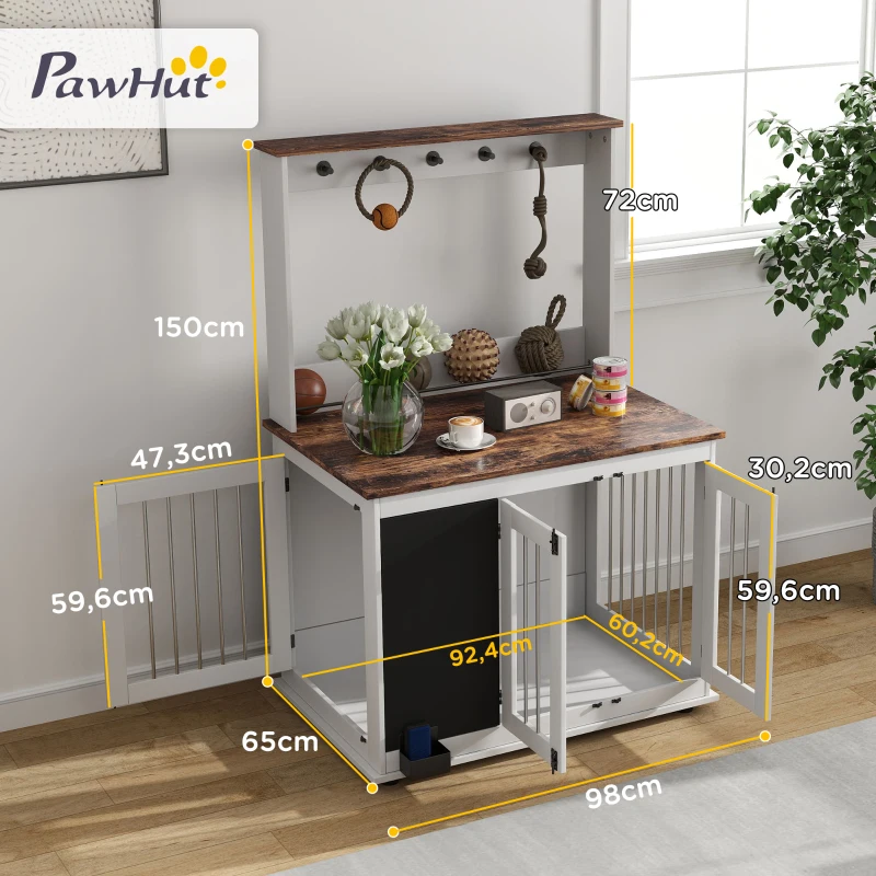 PawHut Hundebox mit Aufbewahrungsregal für Spielzeug, Haken für Leinen, Schreibtafel, Radiergummi, für große Hunde, Weiß(m-3)