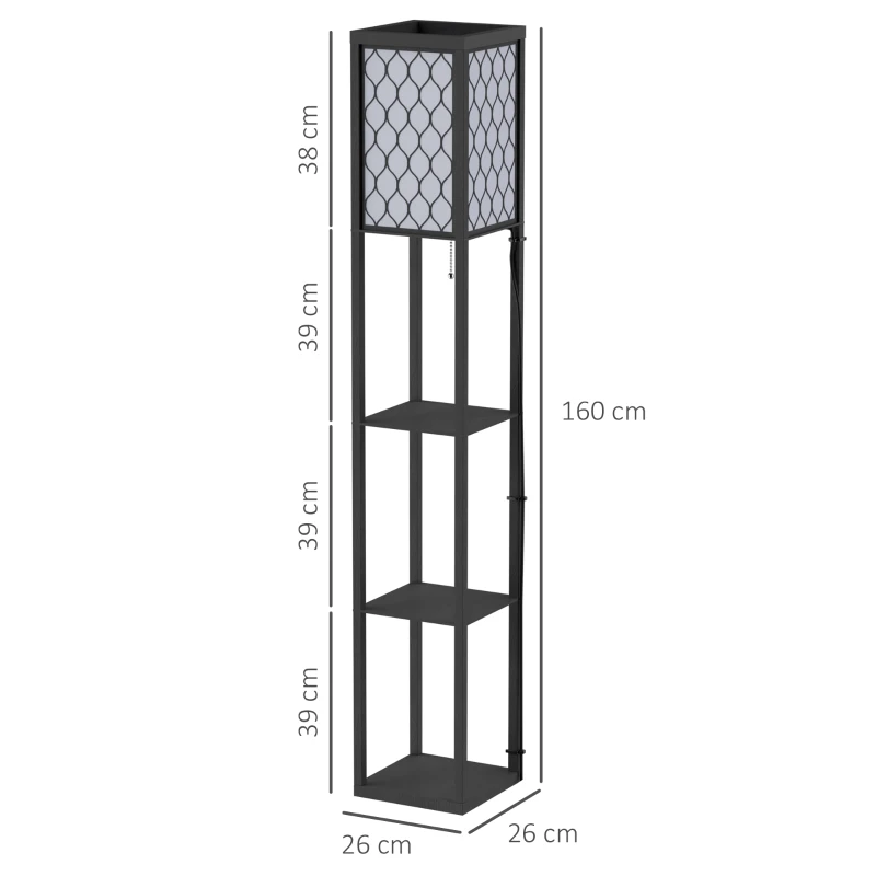 HOMCOM Lampada Lampadina da Terra Salvaspazio con Ripiani Durevole Cotone, MDF 26 x 26 x 160 cm Nero, bianco