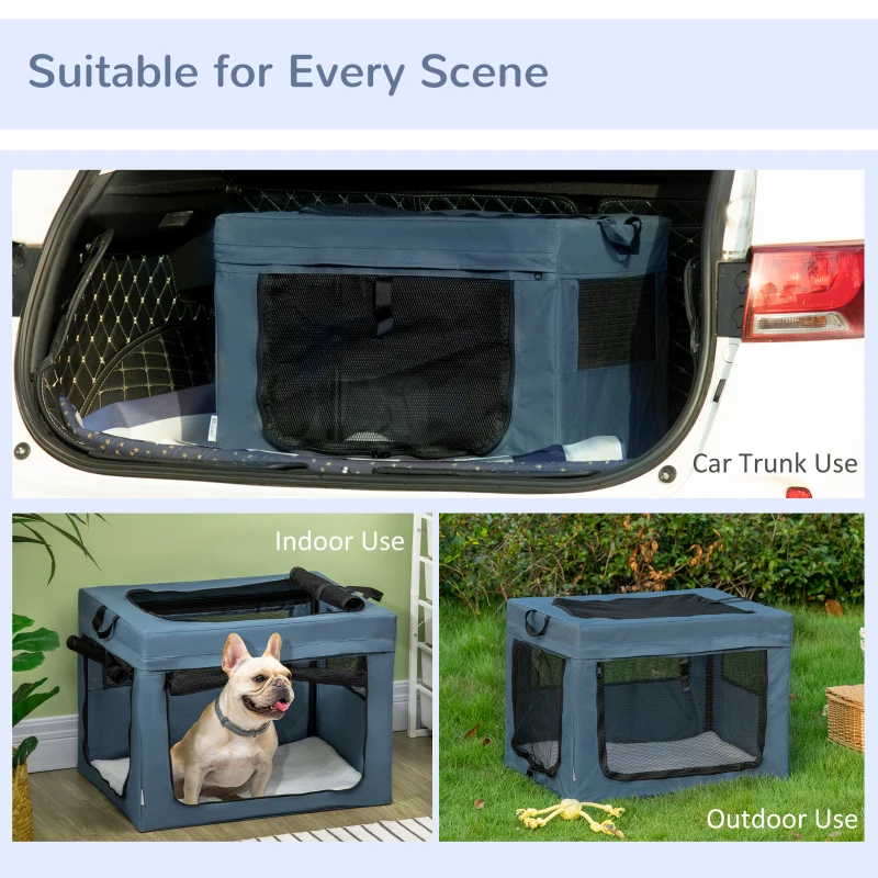 PawHut Transportadora para Cães e Gatos Portátil Dobrável com 3 Portas e Almofada Suave 69x51x51cm Azul