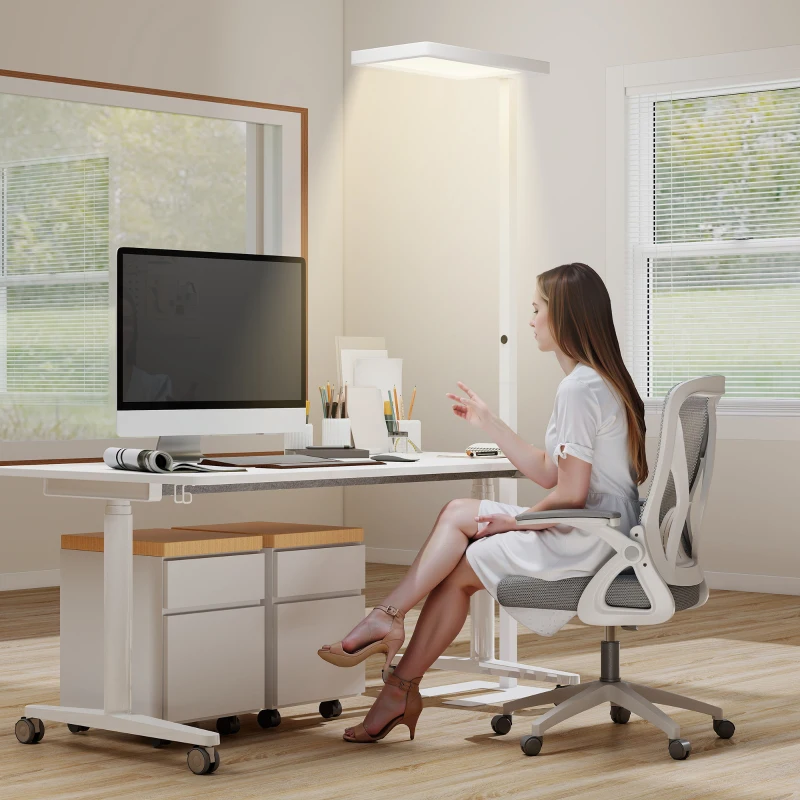 HOMCOM Luminária de Pé para Sala Led Regulável de Espectro Completo para Cuidado Dos Olhos Controle Remoto 60x32x196 cm Branco