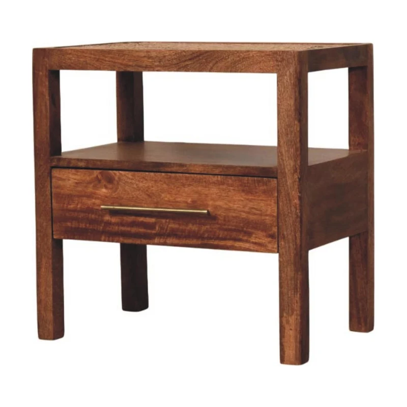 Caldera Solid Mango Wood Bedside Table with Drawer and Shelf, Bedside Cabinet with Hand-finished Design, 35L x 55W x 55H cm, Brown