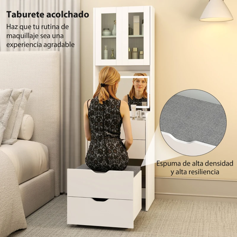 HOMCOM Tocador de Maquillaje con luces LED de 3 Colores Espejo Abatible y Taburete Acolchado 3 Cajones y Estantes Blanco