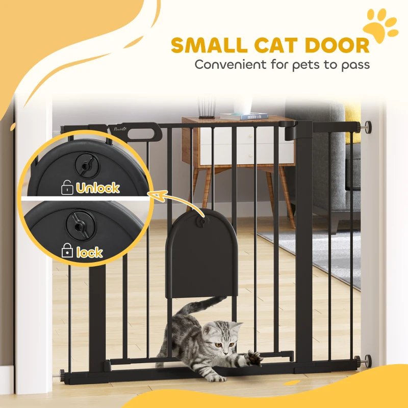 PawHut Dog Gate with Cat Flap Pet Safety Gate Barrier, Stair Pressure Fit, Auto Close, Double Locking, for Doorways, Hallways, 75-103 cm Black