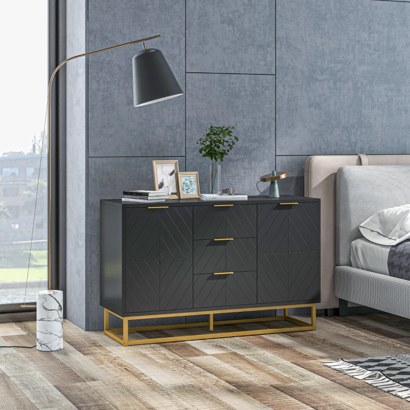 HOMCOM Aparador Auxiliar Armário de Armazenamento com 3 Gavetas e 2 Armários com Prateleira Ajustável 120x40x76 cm Preto