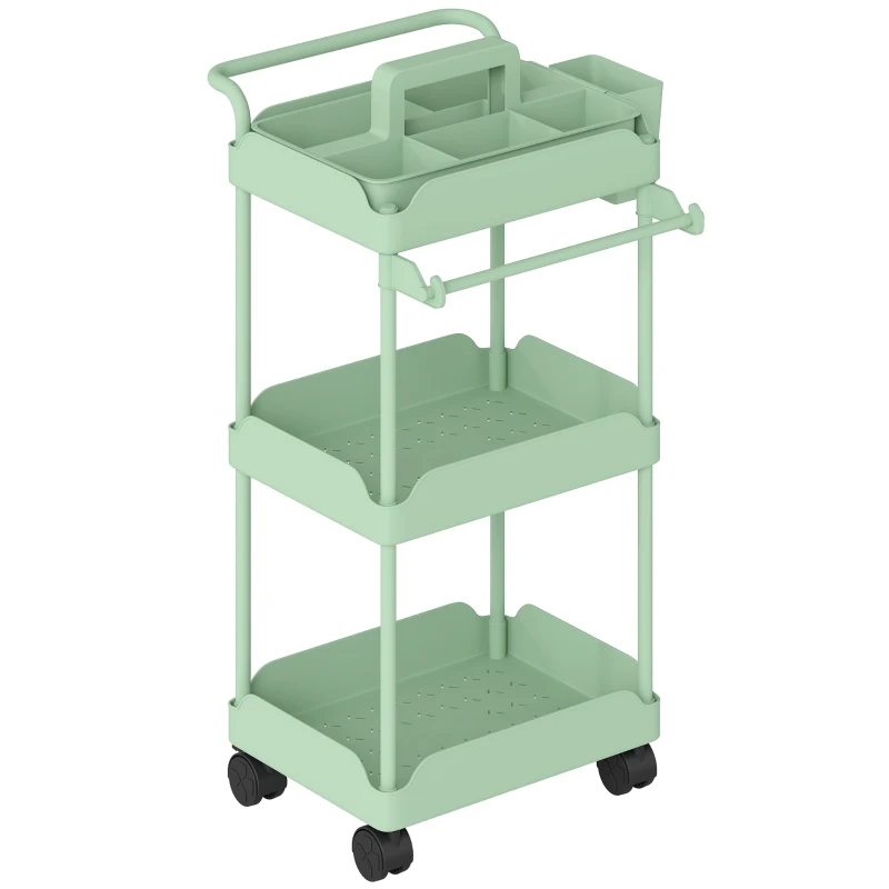 HOMCOM Carrinho Auxiliar com Rodas de 3 Níveis com Cestos Extraíveis Suporte para Toalhas e Estrutura de Metal 42x42,5x76 cm Verde