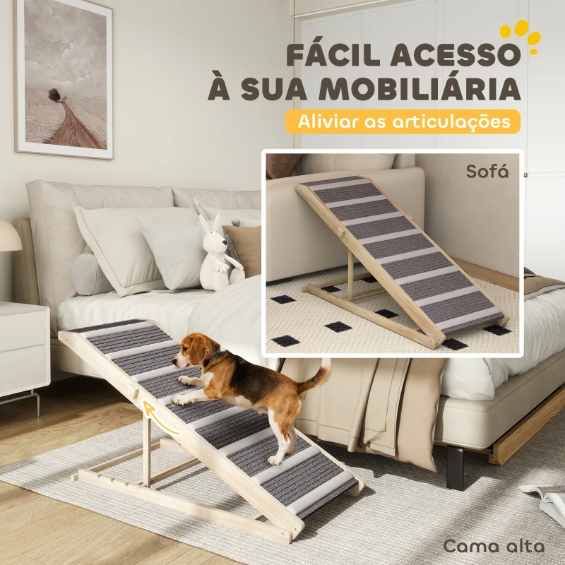 PawHut Rampa para Cães Dobrável com Altura Ajustável 41-60 cm e Tapete Antiderrapante 120x50x60 cm Madeira e Cinza