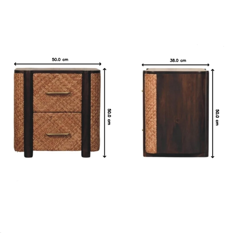 Solid Mango Wood Bedside Table with 2 Smooth-Gliding Drawers, Handcrafted Eco-Friendly Nightstand for Living Room, 38L x 50W x 50H cm, Brown