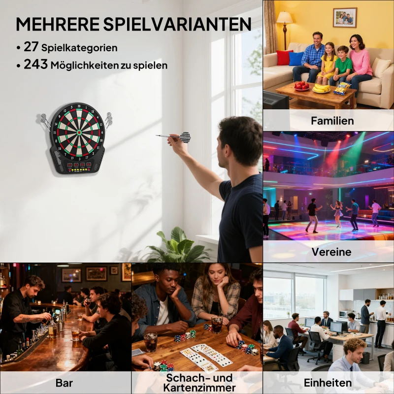 HOMCOM Elektronische Dartscheibe Dartboard Dart-set mit LED Anzeige mit automatischer Wertung Soundeffekte 6 Darts 24 Dartköpfe 27 Spiele und 243 Trefferoptionen für 16 Spieler 44 x 51,5 x 3,2 cm