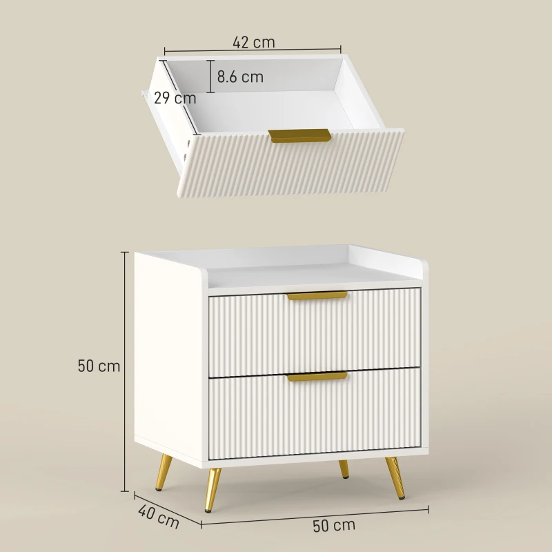 HOMCOM Bedside Table, Bedside Cabinet with 2 Drawers, Side End Table with Metal Legs for Bedroom Living Room, White
