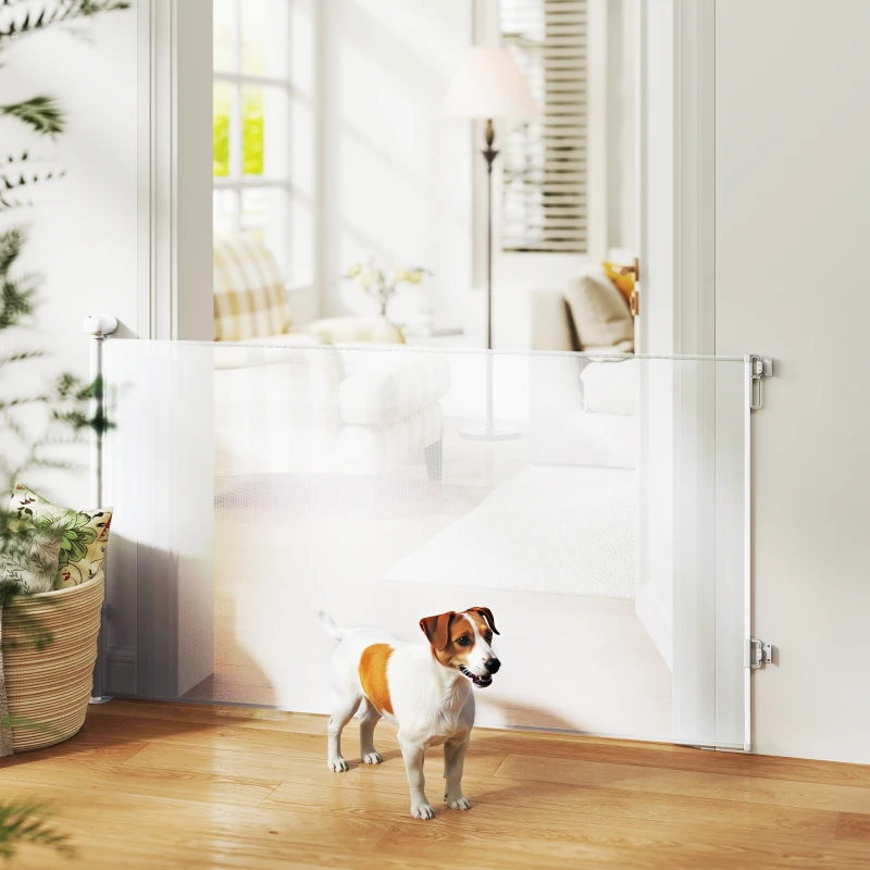 PawHut Barrière rétractable pour chien de 0 à 144 cm barrière d'escalier et de portes pour chien chat avec verrouillage blanc