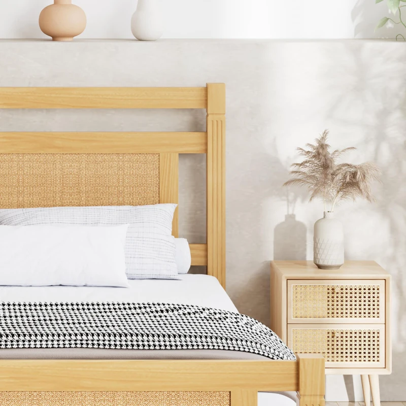 4ft6 Double Bed with Natural Timber Finish and MDF Back Panel, Upholstered Bed with Sturdy Plywood Slats, 199L x 142W x 98H cm, Natural