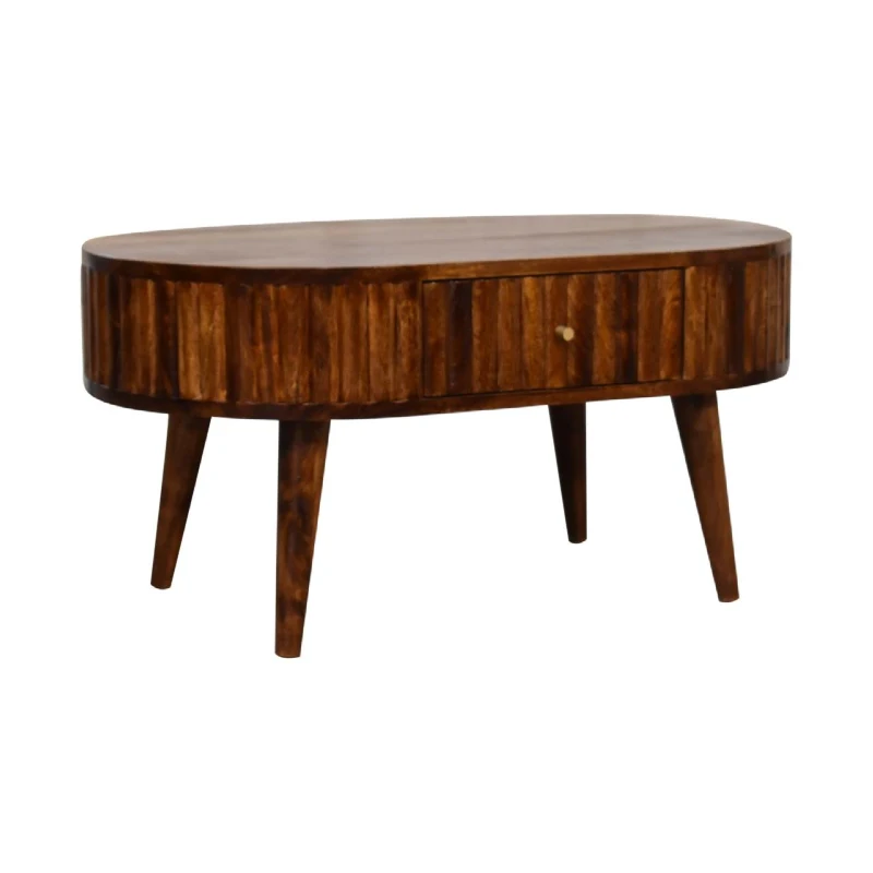 Solid Mango Wood Round Coffee Table with 2 Smooth-Gliding Drawers, Handcrafted Desk for Living Room, 50L x 80W x 40H cm, Brown