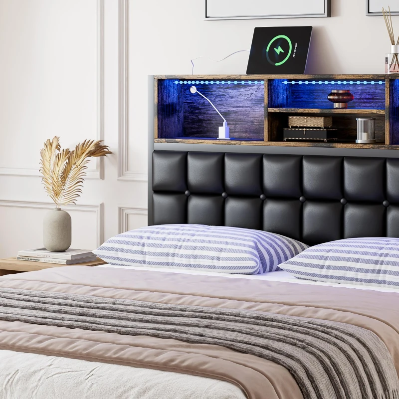 Hydraulic Storage Bed with Charging Sockets and LED Strip, Double Bed with Hydraulic Storage, 208L x 141W x 107H cm, Black+Neutral