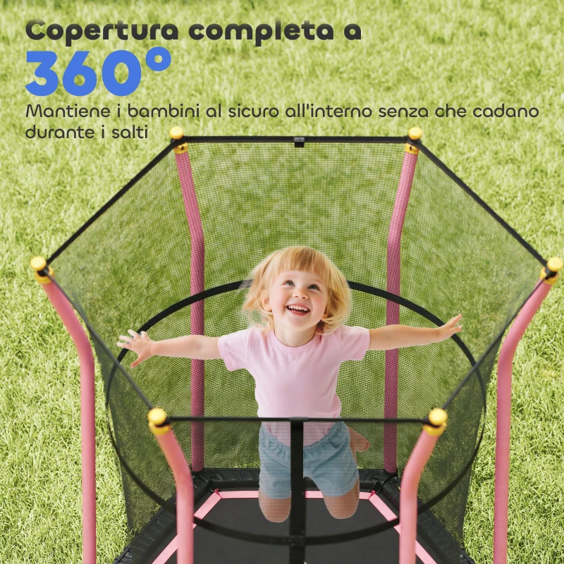 HOMCOM Tappeto Elastico per Bambini con Ingresso a Cerniera e Pali Imbottiti, in Acciaio, PP e EPE, Ø163.5x190 cm, Rosa