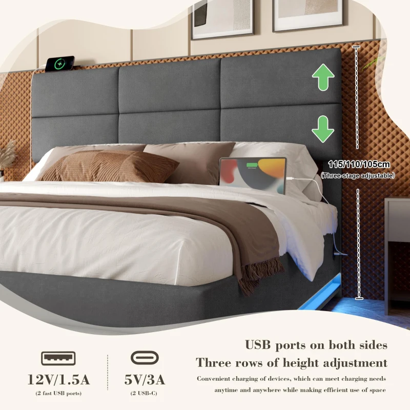 Modern Velvet Upholstered Bed with 3-Stage Adjustable Headboard, Double Bed with LED Lighting and USB, 155L x 202W x 115H cm, Dark Gray