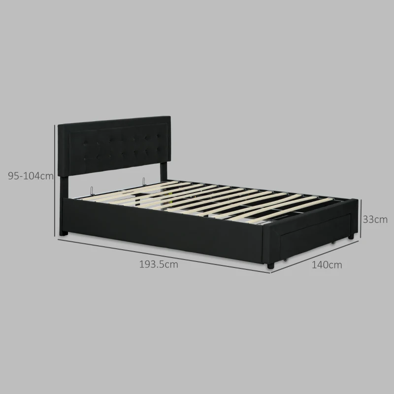 HOMCOM Double Ottoman Bed Frame, with Front Drawer - Black